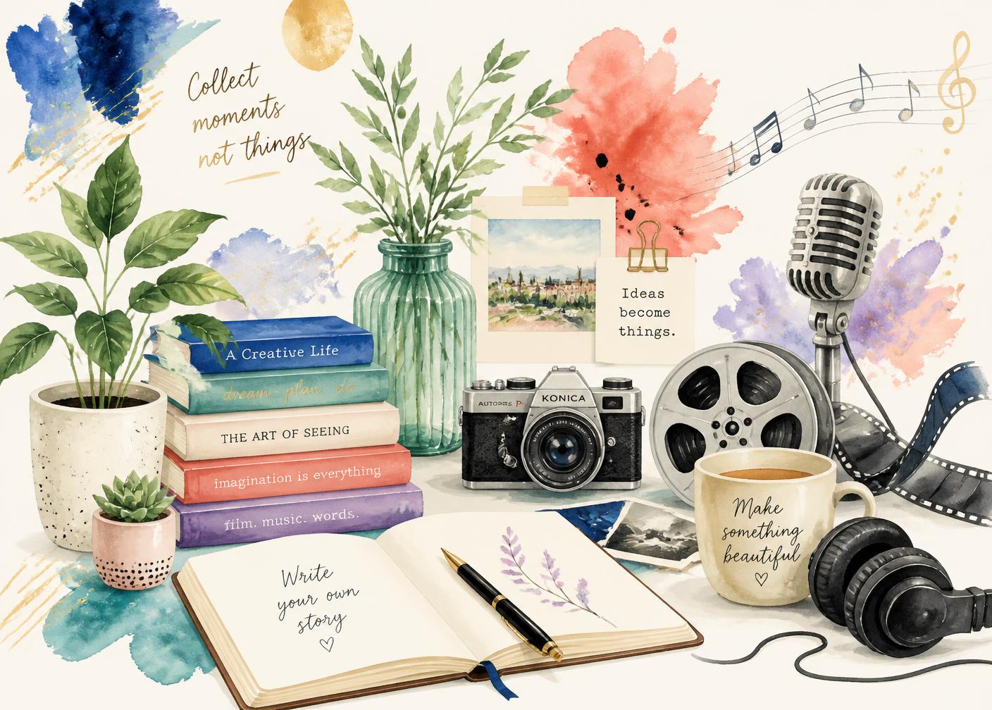 Watercolour illustration of a creative studio with plants, books, a notebook, camera, film reel, microphone and headphones